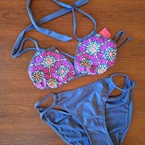 Xhilaration Blue and Pink Patterned Bikini Size M